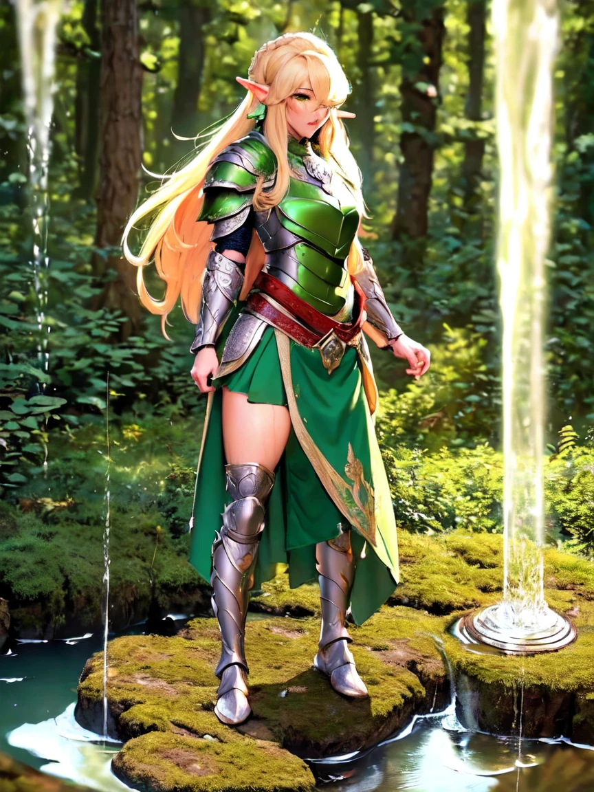 (masterpiece, Clean, 8K, high resolution), Throw, From the front, Full body portrait of beautiful woman, Extremely detailed face, slim body, Willow Waist, Bright Blonde Hair, Small Breasts,  Wearing intricate green and white armor, ((Elven Breastplate, Armor)) , Elven Torso Armor, (green mini skirt), belt, cape, Headdress,  , (), (Showing underwear:1.1)、(Lift up your skirt:1.2) , (White panties:1.5),  (Standing on the Rock: 1.2)、(Own:1.3 ), (Urine runs down the legs), Wet underwear, Wet pants, (Urine splashes between legs:1.5), (Urine pit:0.5 ), (Yellow liquid dripping on thighs and:1.3 ), (Start when the subject is squatting，A stream of liquid drips from) , (Super beautiful)、(Pretty Face:1.5), Sunset lighting, Deep Shadows, (Mountains and forests background) ,  Elf Ranger with no bladder control 