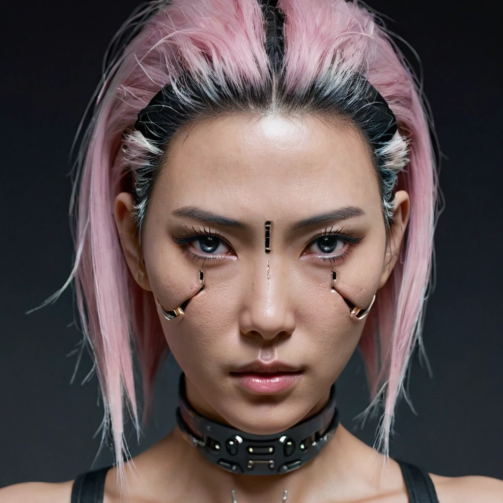 A stunning 4K photo-realistic image of a cyberpunk demi-human girl with an Asian face. Her visage is adorned with intricate machine implants, including a sleek silver visor that covers her eyes, revealing only a small slit for vision. These implants enable advanced sensory input and communication with her cybernetic systems.

Her skin is pale, with visible scars that tell a story of her past battles and a faint line where her flesh meets the cold metal of her implants. The seams are barely noticeable, indicating skilled integration between her organic and mechanical components.

Her hair is black, spiked up in an aggressive yet stylish manner. Small LED lights are integrated into the strands, flickering with various colors to match her mood. The hair is a statement piece, reflecting her rebellious spirit. The overall atmosphere of the image is captivating, photo, her body is embedded with mechanical implants under the skin, cyborg arms,  cyberware lines embedded in her face, , (Photorealsitic)、(intricate detailes:1.2)、(​masterpiece、:1.3)、beauty face, (top-quality:1.4)、(超A high resolution:1.2)、超A high resolution、(A detailed eye)、(detailed facial features), ((Realistic lighting、top-quality、8K、natural light, ​masterpiece:1.3))、bright photo, Clear focus:1.2、1girl in、flawless beauty:1.4、Superfine Face、big Narrow-eyed、double eyelid、photos realistic, perfect eyes, perfect skin, detailed skin, detailed face, looking viewer, front view, potrait, raw photo, simple soft pink background, (intricate detailed skin textured:1.4) front view, looking viewer, clear face, 1 girl、porate、Bright and very beautiful face、beautiful girl, A stunning close-up portrait showcasing the beauty of a Korean model. The composition features soft, natural lighting , bright eyes, and striking cheekbones.