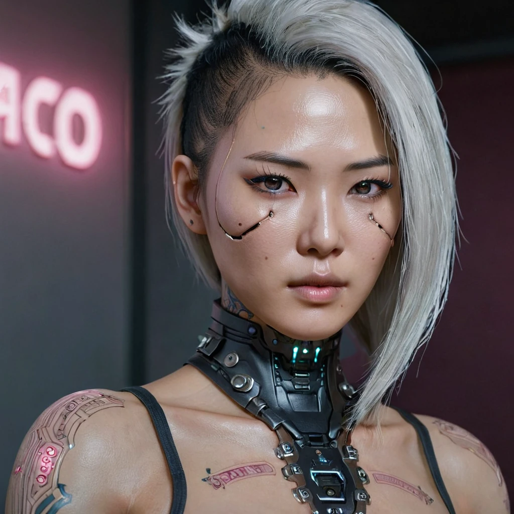 A stunning 4K photo-realistic image of a cyberpunk demi-human girl with an Asian face. Her visage is adorned with intricate machine implants, including a sleek silver visor that covers her eyes, revealing only a small slit for vision. These implants enable advanced sensory input and communication with her cybernetic systems.

Her skin is pale, with visible scars that tell a story of her past battles and a faint line where her flesh meets the cold metal of her implants. The seams are barely noticeable, indicating skilled integration between her organic and mechanical components.

Her hair is black, spiked up in an aggressive yet stylish manner. Small LED lights are integrated into the strands, flickering with various colors to match her mood. The hair is a statement piece, reflecting her rebellious spirit. The overall atmosphere of the image is captivating, photo, her body is embedded with mechanical implants under the skin, cyborg arms,  cyberware lines embedded in her face, , (Photorealsitic)、(intricate detailes:1.2)、(​masterpiece、:1.3)、beauty face, (top-quality:1.4)、(超A high resolution:1.2)、超A high resolution、(A detailed eye)、(detailed facial features), ((Realistic lighting、top-quality、8K、natural light, ​masterpiece:1.3))、bright photo, Clear focus:1.2、1girl in、flawless beauty:1.4、Superfine Face、big Narrow-eyed、double eyelid、photos realistic, perfect eyes, perfect skin, detailed skin, detailed face, looking viewer, front view, potrait, raw photo, simple soft pink background, (intricate detailed skin textured:1.4) front view, looking viewer, clear face, 1 girl、porate、Bright and very beautiful face、beautiful girl, A stunning close-up portrait showcasing the beauty of a Korean model. The composition features soft, natural lighting , bright eyes, and striking cheekbones.