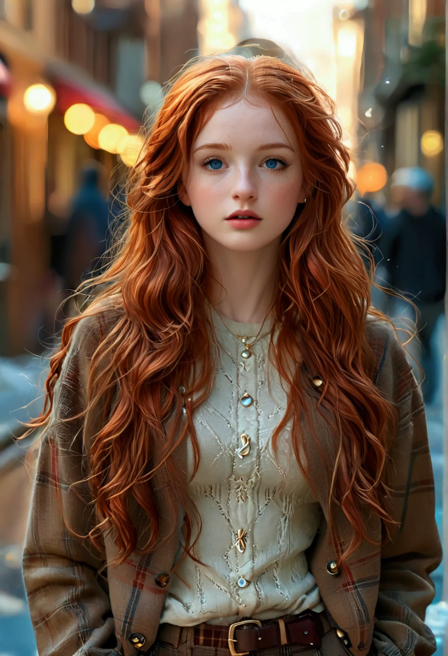 ultra realistic, fot, long redhead hair, beautiful blue eyes like the sky, pale white skin adorned with freckles, 24 year old gi...