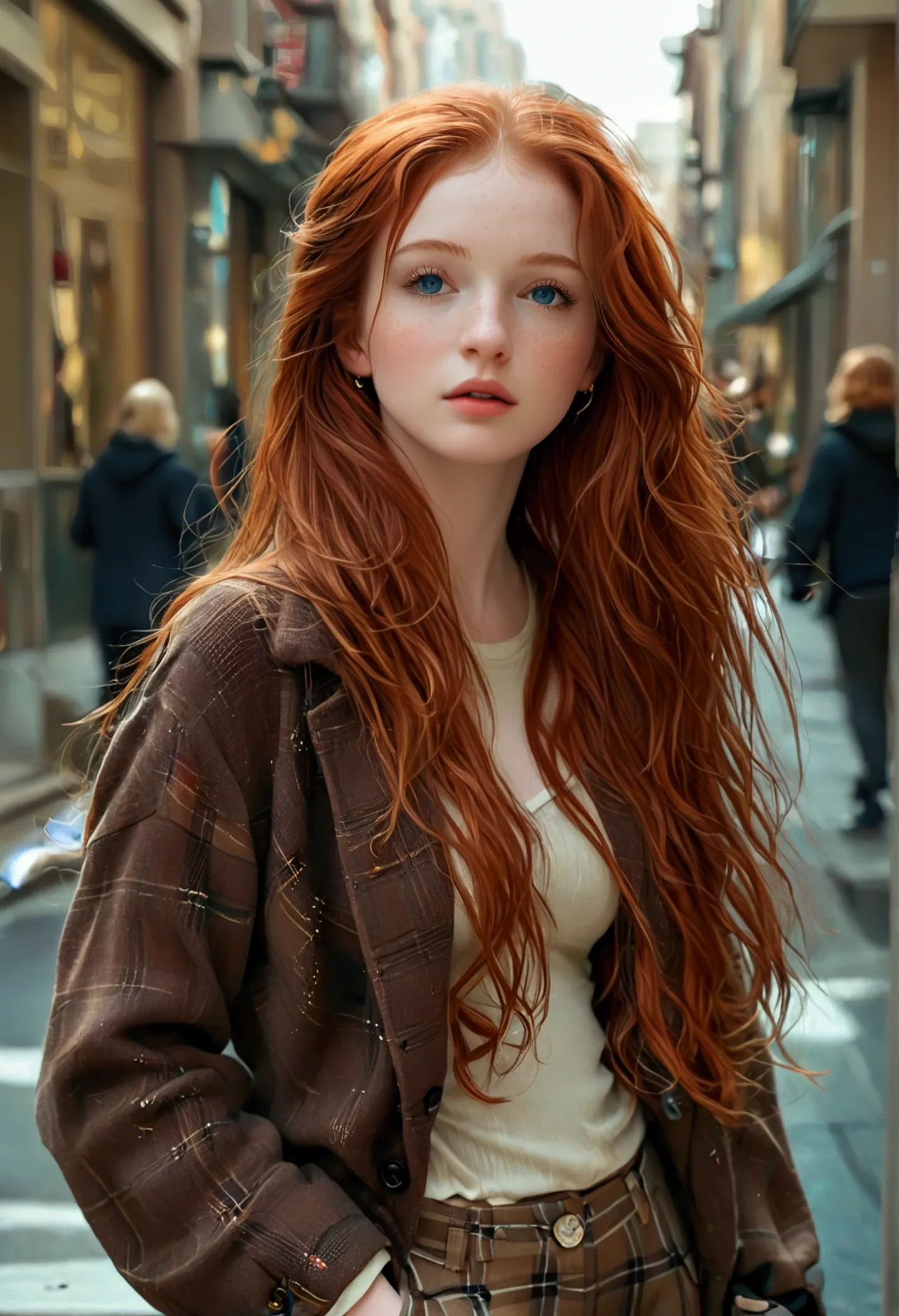 ultra realistic, fot, long redhead hair, beautiful blue eyes like the sky, pale white skin adorned with freckles, 24 year old gi...