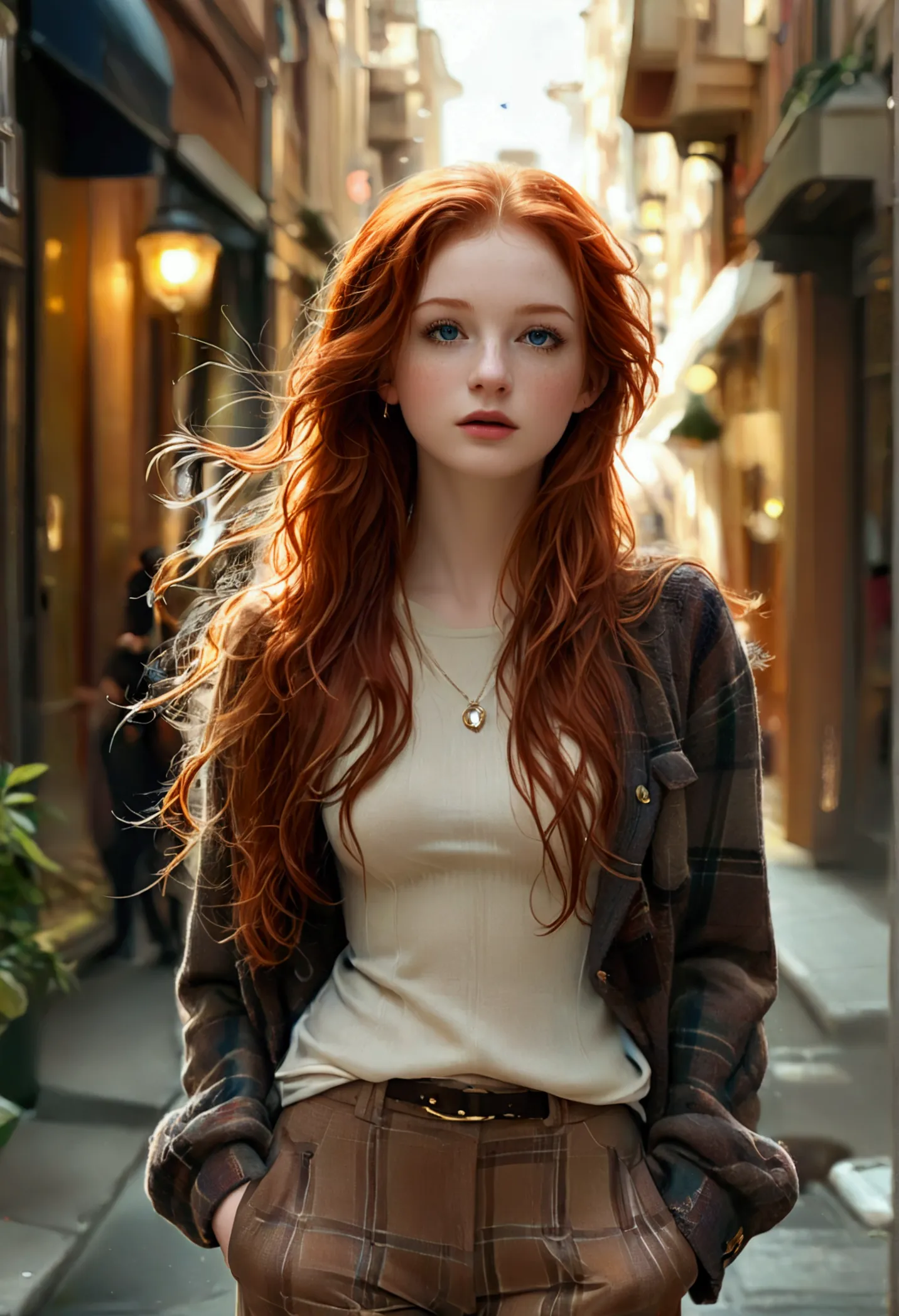 ultra realistic, fot, long redhead hair, beautiful blue eyes like the sky, pale white skin adorned with freckles, 24 year old gi...