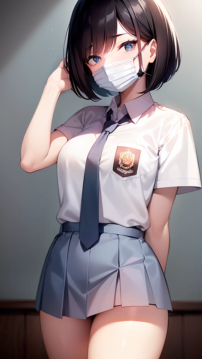 1 woman, 17 years old, (Short Layered Bob haircut, black hair), scared face expression, plump body, blue eyes, Indonesian high-school uniform, (wearing transparent white shirt, short sleeves, light-grey tie), osis logo on shirt pocket, medium breasts, long light-grey pleated skirt, dynamic pose, cowboy shot, shy, in the classroom, wearing a mask (white surgical mask, surgical mask fit his face:1.2).