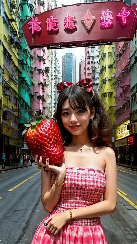 hong kong, day, (awkward,blush :1.3), (alafi girls take photos in hugging huge strawberry, huge strawberry ), y 2 k cutecore cro...