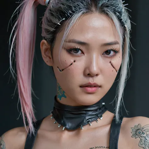 a stunning 4k photo-realistic image of a cyberpunk demi-human girl with an asian face. her visage is adorned with intricate mach...