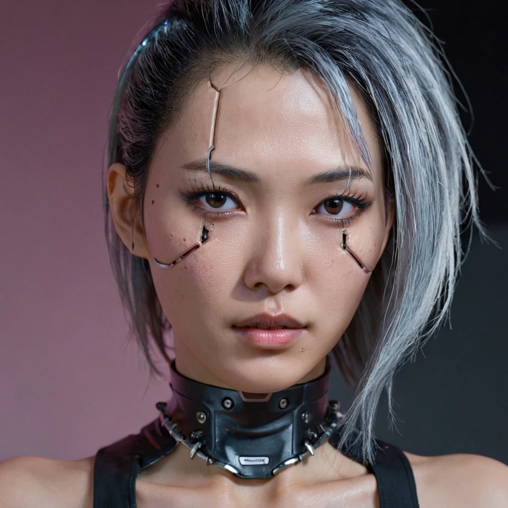 A stunning 4K photo-realistic image of a cyberpunk demi-human girl with an Asian face. Her visage is adorned with intricate machine implants, including a sleek silver visor that covers her eyes, revealing only a small slit for vision. These implants enable advanced sensory input and communication with her cybernetic systems.

Her skin is pale, with visible scars that tell a story of her past battles and a faint line where her flesh meets the cold metal of her implants. The seams are barely noticeable, indicating skilled integration between her organic and mechanical components.

Her hair is black, spiked up in an aggressive yet stylish manner. Small LED lights are integrated into the strands, flickering with various colors to match her mood. The hair is a statement piece, reflecting her rebellious spirit. The overall atmosphere of the image is captivating, photo, her body is embedded with mechanical implants under the skin, cyborg arms,  cyberware lines embedded in her face, , (Photorealsitic)、(intricate detailes:1.2)、(​masterpiece、:1.3)、beauty face, (top-quality:1.4)、(超A high resolution:1.2)、超A high resolution、(A detailed eye)、(detailed facial features), ((Realistic lighting、top-quality、8K、natural light, ​masterpiece:1.3))、bright photo, Clear focus:1.2、1girl in、flawless beauty:1.4、Superfine Face、big Narrow-eyed、double eyelid、photos realistic, perfect eyes, perfect skin, detailed skin, detailed face, looking viewer, front view, potrait, raw photo, simple soft pink background, (intricate detailed skin textured:1.4) front view, looking viewer, clear face, 1 girl、porate、Bright and very beautiful face、beautiful girl, A stunning close-up portrait showcasing the beauty of a Korean model. The composition features soft, natural lighting , bright eyes, and striking cheekbones.