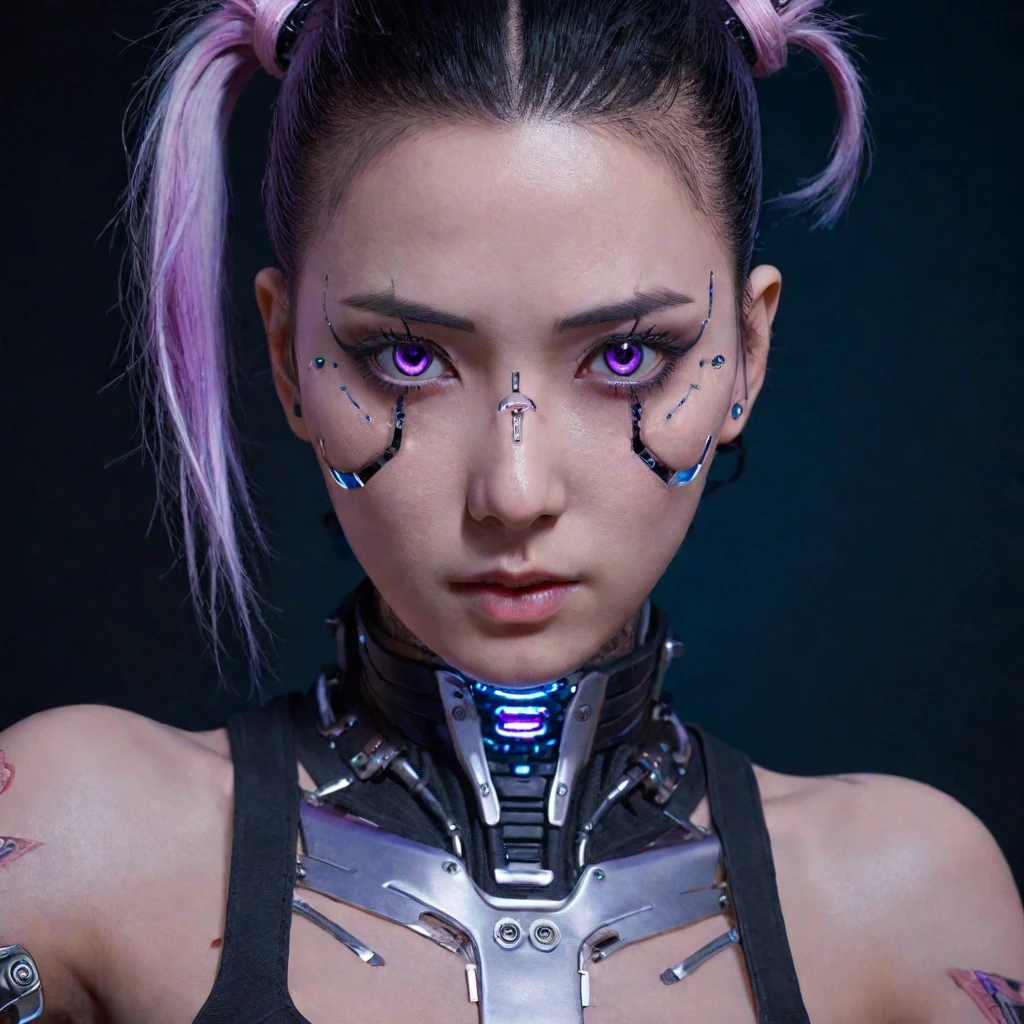 A stunning, 4K photo-realistic image of a cyberpunk ninja demi-human girl with a Korean face. She is adorned with intricate machine implants, including half a face that is replaced with cybernetic components, machine eyes, and battery-powered cyborg hands. Her black, spiked hair is intertwined with LED lights that flicker with various colors to match her mood. The soft, pinkish-purple lighting surrounds the model, enhancing the futuristic and captivating atmosphere. The seamless integration of her organic and mechanical components, along with her flawless beauty and detailed facial features, make this photograph an extraordinary piece of art. The high-resolution image showcases her perfect eyes, perfect skin, and detailed facial features, while the minimalist background allows her to be the focal point of the image. This hyperrealistic photo embodies the perfect blend, photo