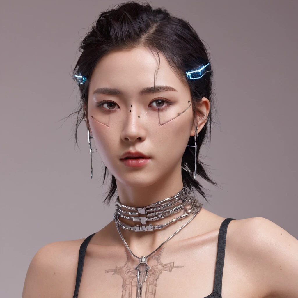 A stunning 4K photo-realistic image of a cyberpunk demi-human girl with an Asian face. Her visage is adorned with intricate machine implants, including a sleek silver visor that covers her eyes, revealing only a small slit for vision. These implants enable advanced sensory input and communication with her cybernetic systems.

Her skin is pale, with visible scars that tell a story of her past battles and a faint line where her flesh meets the cold metal of her implants. The seams are barely noticeable, indicating skilled integration between her organic and mechanical components.

Her hair is black, spiked up in an aggressive yet stylish manner. Small LED lights are integrated into the strands, flickering with various colors to match her mood. The hair is a statement piece, reflecting her rebellious spirit. The overall atmosphere of the image is captivating, photo, her body is embedded with mechanical implants under the skin, cyborg arms,  cyberware lines embedded in her face, , (Photorealsitic)、(intricate detailes:1.2)、(​masterpiece、:1.3)、beauty face, (top-quality:1.4)、(超A high resolution:1.2)、超A high resolution、(A detailed eye)、(detailed facial features), ((Realistic lighting、top-quality、8K、natural light, ​masterpiece:1.3))、bright photo, Clear focus:1.2、1girl in、flawless beauty:1.4、Superfine Face、big Narrow-eyed、double eyelid、photos realistic, perfect eyes, perfect skin, detailed skin, detailed face, looking viewer, front view, potrait, raw photo, simple soft pink background, (intricate detailed skin textured:1.4) front view, looking viewer, clear face, 1 girl、porate、Bright and very beautiful face、beautiful girl, A stunning close-up portrait showcasing the beauty of a Korean model. The composition features soft, natural lighting , bright eyes, and striking cheekbones.