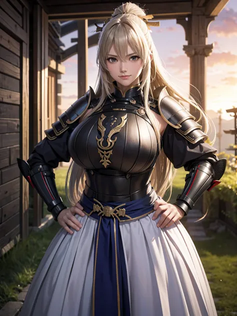 artoria, (samurai armor:1.2), fluttering hair, long wavy hair, long curl hair, huge tit, thick thighs, (abdominal muscle, standi...