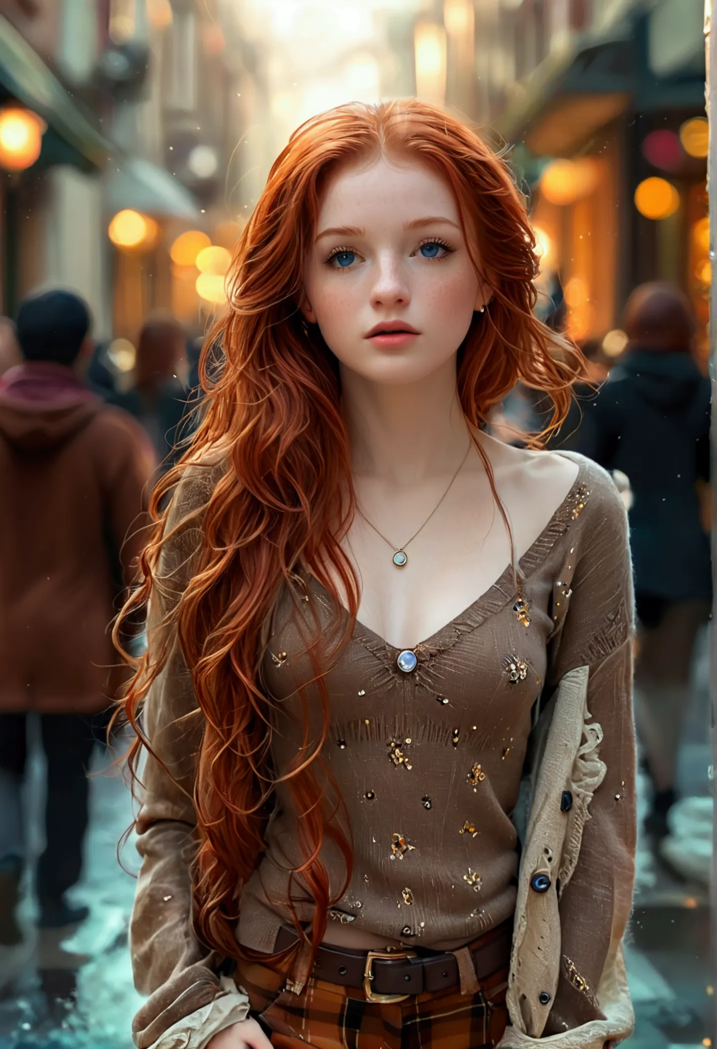 ultra realistic, fot, long redhead hair, beautiful blue eyes like the sky, pale white skin adorned with freckles, 24 year old gi...