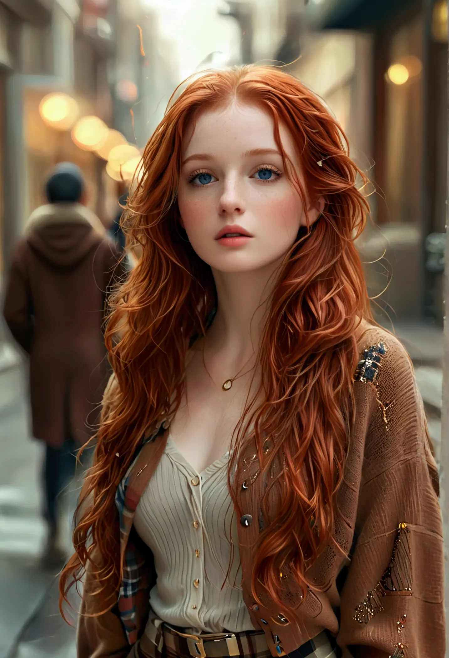 ultra realistic, fot, long redhead hair, beautiful blue eyes like the sky, pale white skin adorned with freckles, 24 year old gi...