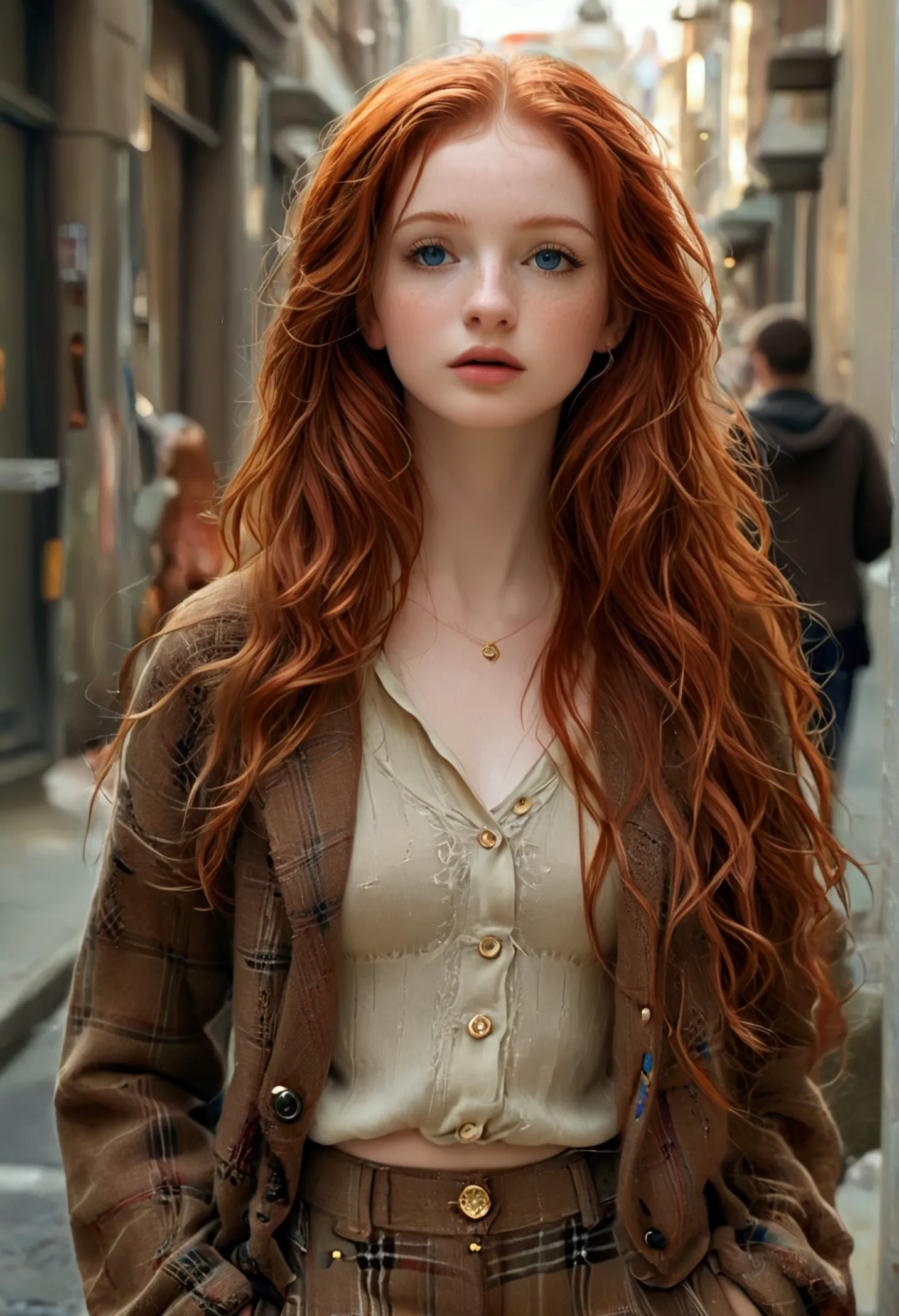 ultra realistic, fot, long redhead hair, beautiful blue eyes like the sky, pale white skin adorned with freckles, 24 year old gi...