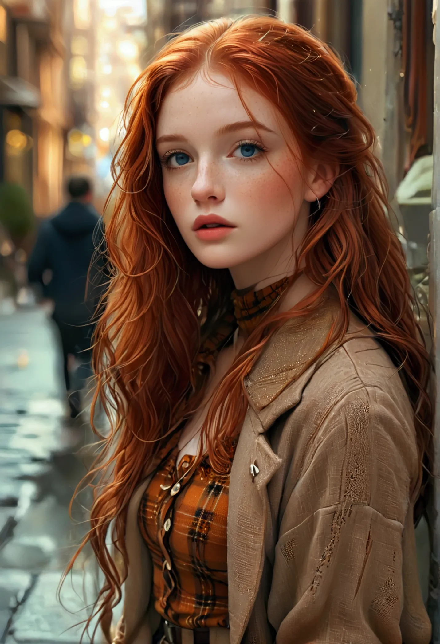 ultra realistic, fot, long redhead hair, beautiful blue eyes like the sky, pale white skin adorned with freckles, 24 year old gi...