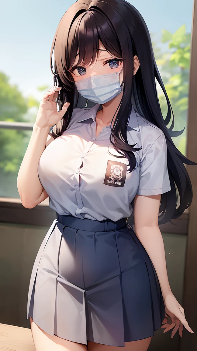 1 woman, 17 years old, (messy long haircut, black hair), scared face expression, plump body, blue eyes, Indonesian high-school uniform, (wearing transparent white shirt, short sleeves), osis logo on shirt pocket, medium breasts, curvy body, long light-grey pleated skirt, dynamic pose, cowboy shot, shy, in the classroom, wearing a mask (white surgical mask, surgical mask fit his face:1.2).