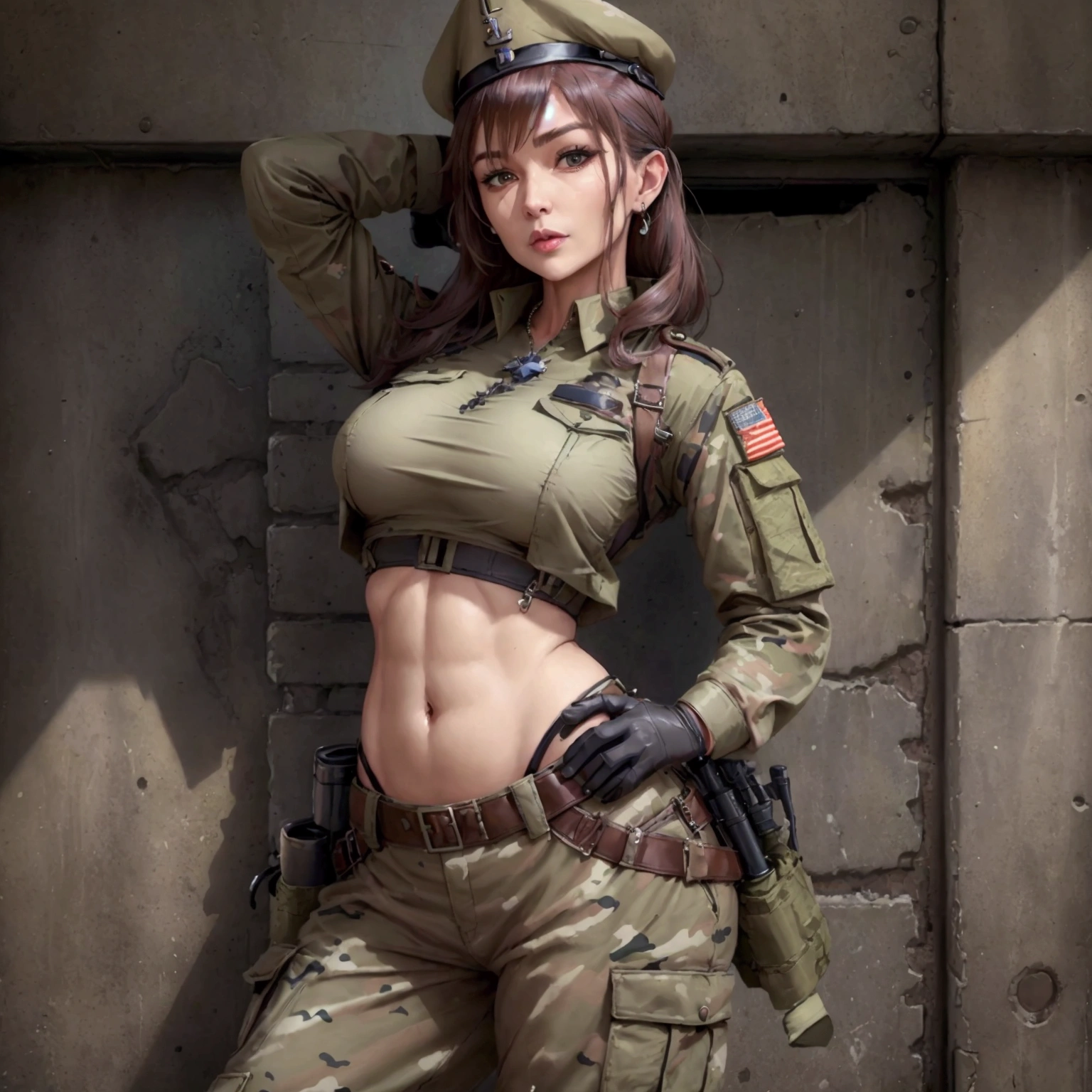 Women in crop top soldier uniform, soldier hat, military brooch on the chest,  exposed abdomen area, very low waist cargo pants, navel piercing , 45 years-old, high ranking , standing, little fat 