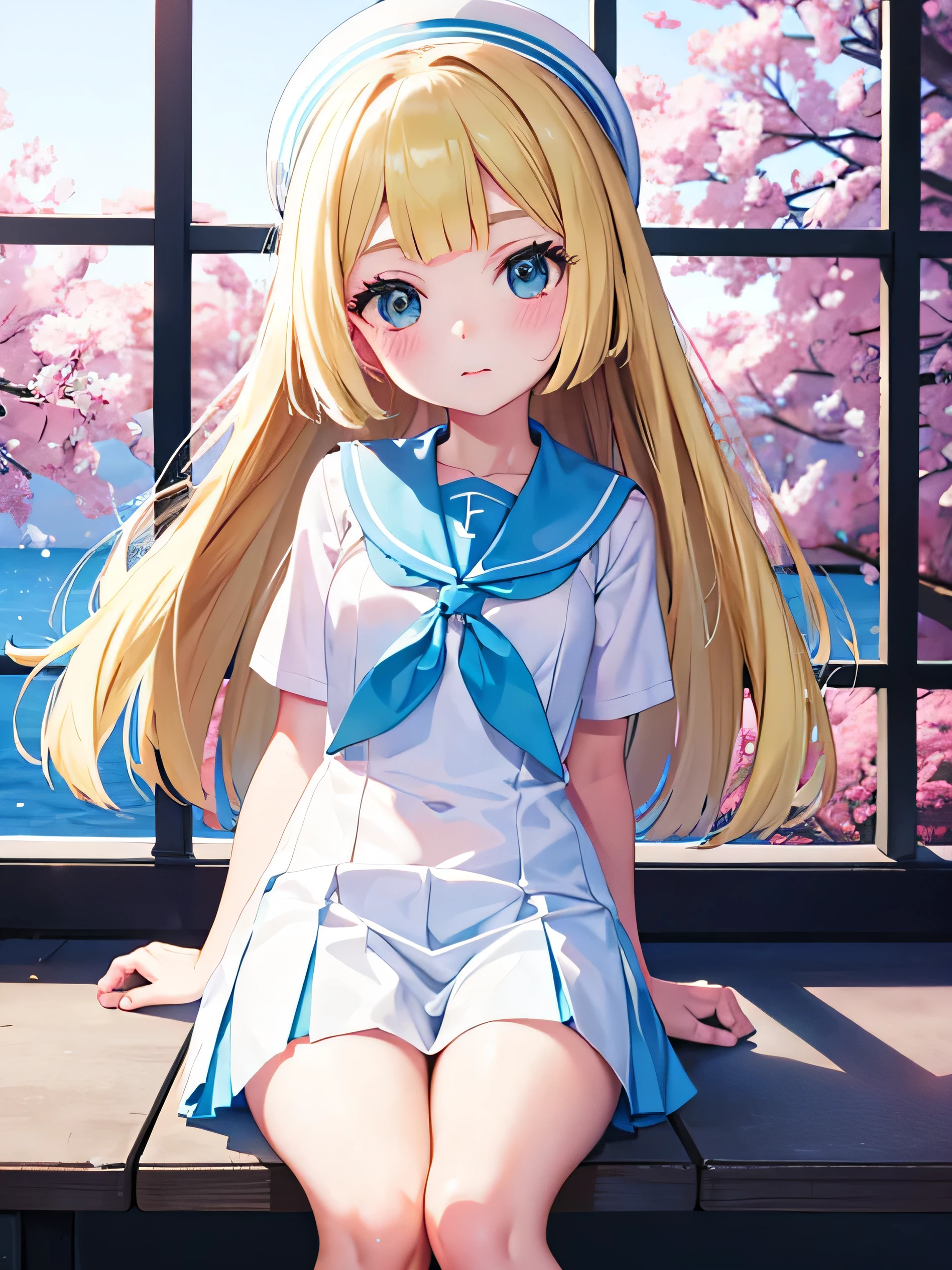 pokemon lillie, school uniform (sailor uniform), masterpiece, (light), beautiful background