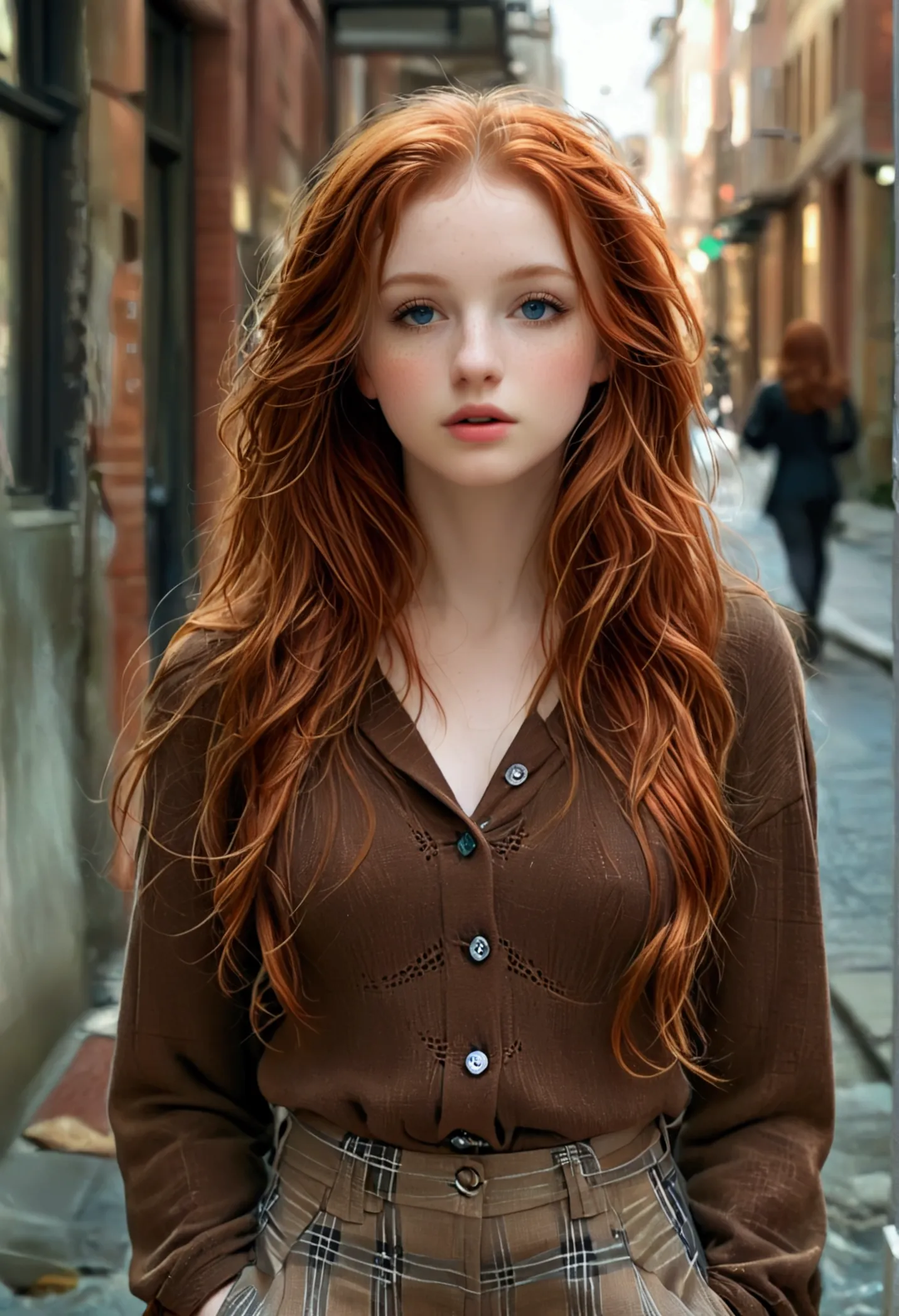 ultra realistic, fot, long redhead hair, beautiful blue eyes like the sky, pale white skin adorned with freckles, 24 year old gi...