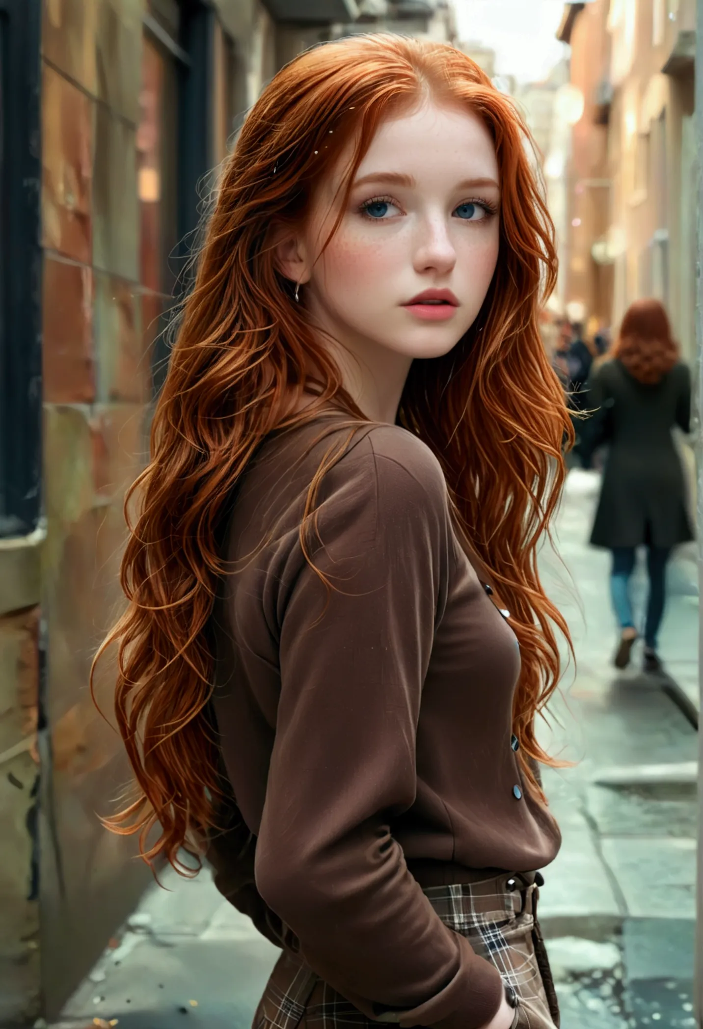 ultra realistic, fot, long redhead hair, beautiful blue eyes like the sky, pale white skin adorned with freckles, 24 year old gi...