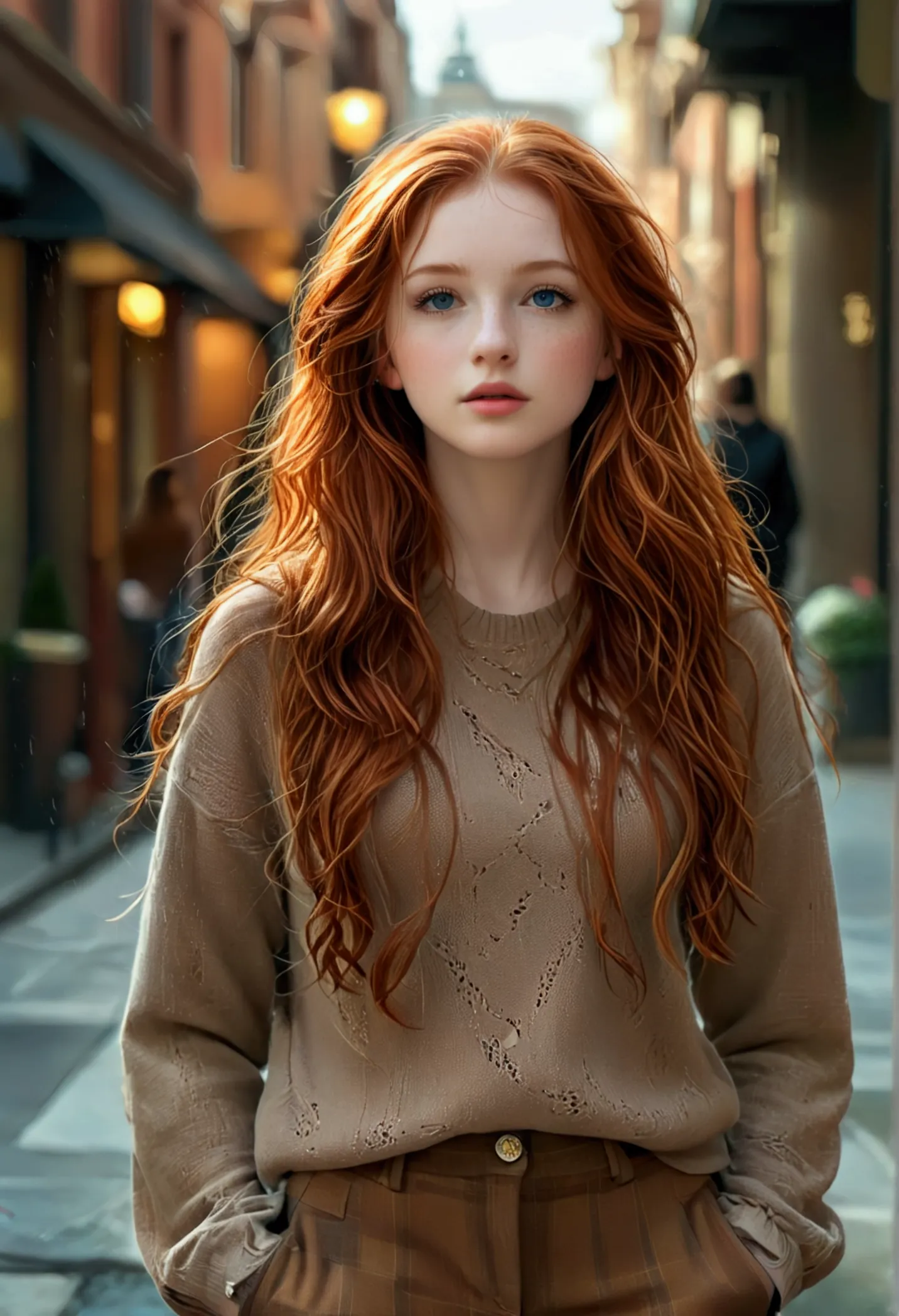 ultra realistic, fot, long redhead hair, beautiful blue eyes like the sky, pale white skin adorned with freckles, 24 year old gi...