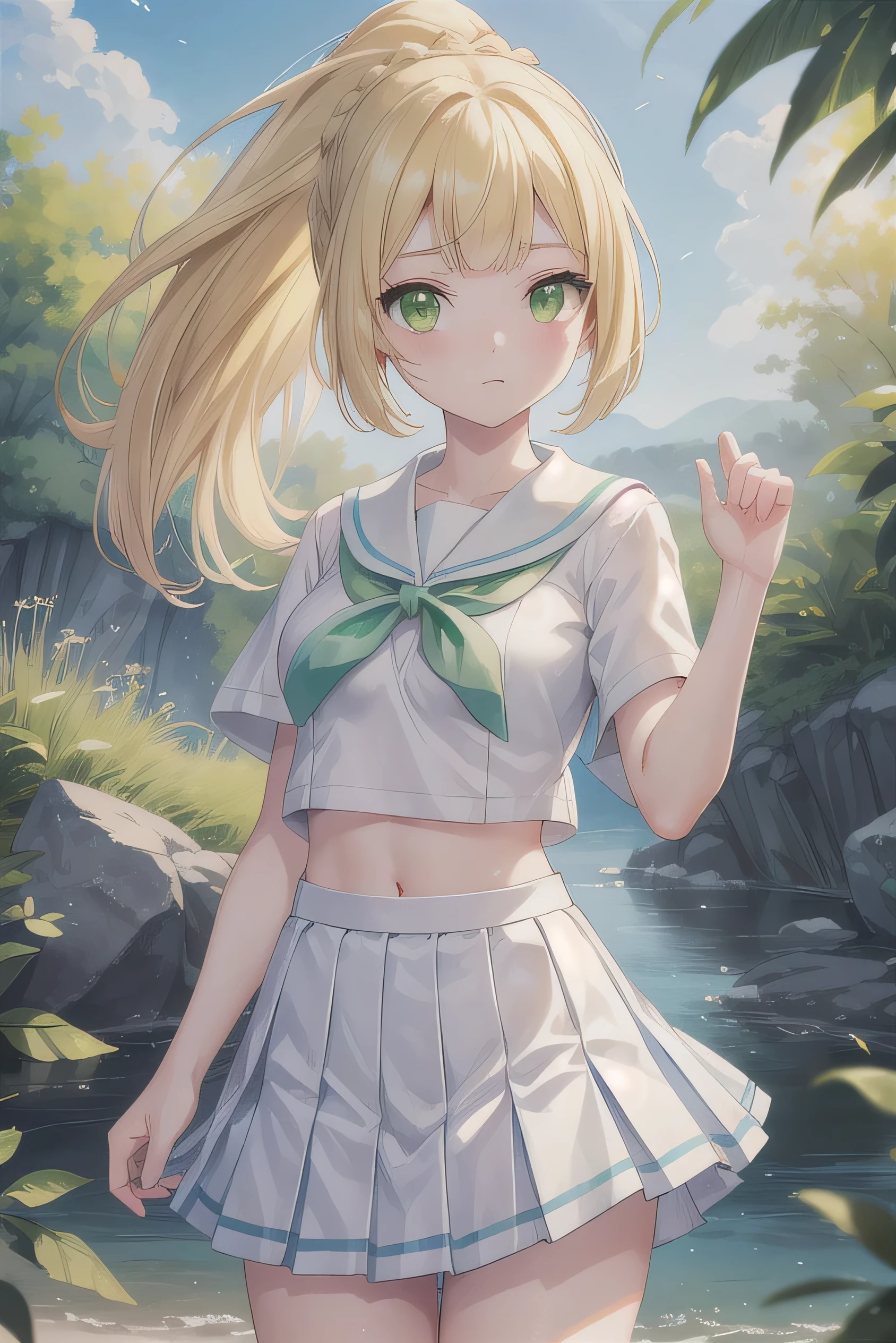 pokemon lily, pokemon lily, blonde hair, blunt bangs, (green eyes:1.5), long hair, (:1.2), break braid, french braid, high ponytail, miniskirt, pleated skirt, sailor collar, shirt, short sleeve, skirt, white shirt, white skirt, break looking at viewer, upper body, whole body, (cowboy shot:1.5), break outdoors, nature, sky, break (masterpiece:1.2), best quality, high resolution, unity 8k wallpaper, (illustration:0.8), (beautiful and delicate eyes:1.6), very detailed face, perfect lighting, Highly detailed CG, (perfect hands, complete anatomy),