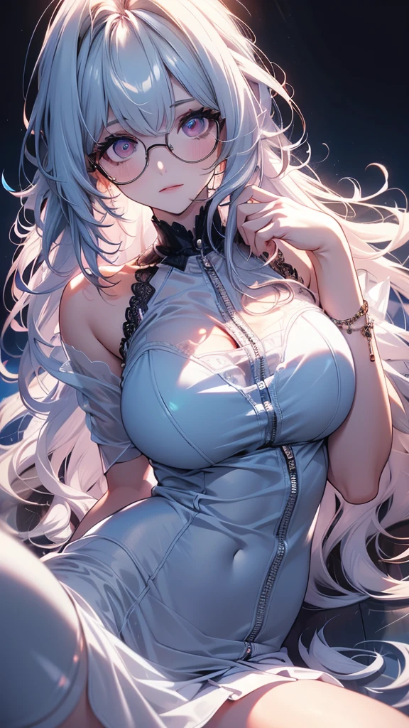 Sweet expression, Lying down, White glasses, super long white hair, (8k, original photo, Reality:1.25) ,( Lip Gloss, eyelash, Bright face, Glowing skin, best quality, Ultra-high resolution , Depth of Field, Chromatic Aberration, Caustic lines, The width light, Natural shadows, Hallyu idol) Look at the audience with calm and goddess-like happiness, whole body, Large Breasts, White lingerie, black, Transparent shirt, White shirt, secretary,