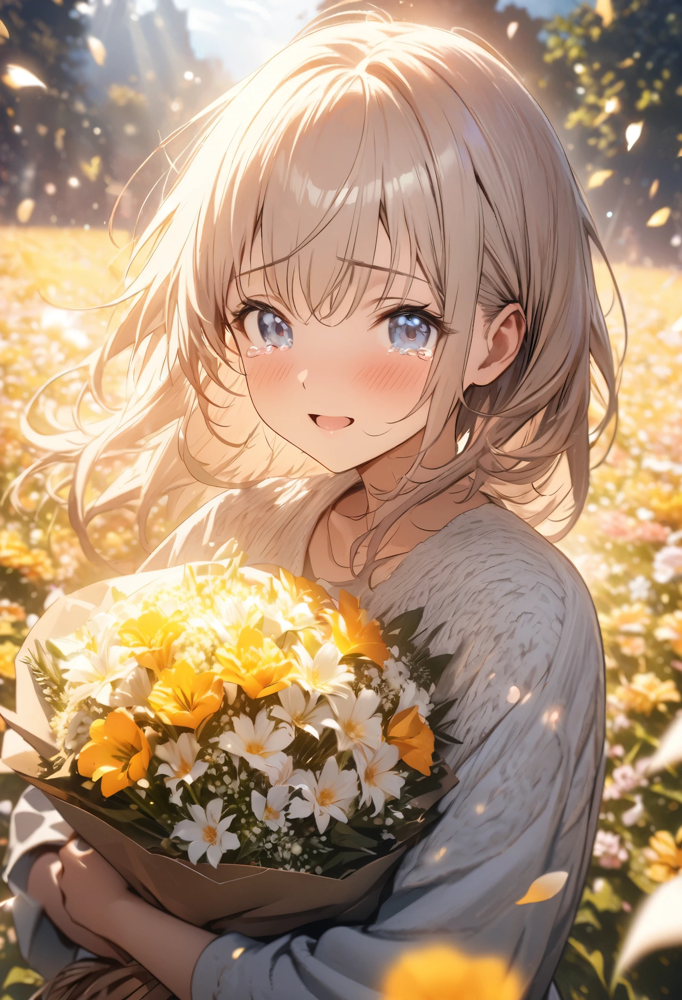 anime,depth of field, cinematic lighting, lens flare, f/1.2,(masterpiece:1.2),(high definition),Flower Field、Girl with a bouquet of flowers、Tears of joy、Petals fluttering、Light effects、An emotional photo、Filled with kindness、(A bouquet of flowers for you), masterpiece, best quality, extremely detailed CG unity 8k wallpaper,