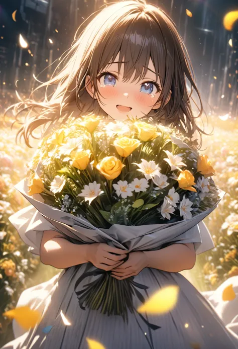 anime,depth of field, cinematic lighting, lens flare, f/1.2,(masterpiece:1.2),(high definition),flower field、girl with a bouquet...