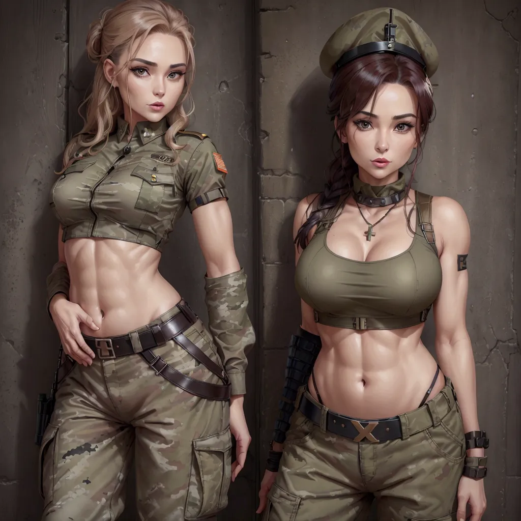 women in crop top soldier uniform, soldier hat, military brooch on the chest,  exposed abdomen area, very low waist cargo pants,...