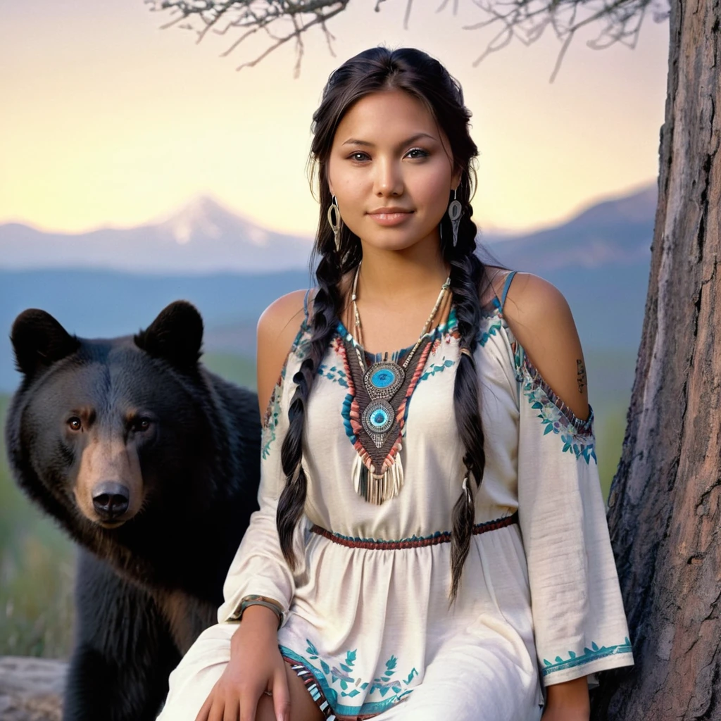 (grainy:0.5), cinematic, beautiful girls 25 year old native american,fantasy,(solo:1.3), detailed eyes, detailed face, detailed native american sexy clothing, volumetric lighting, dusk, extremely detailed background, standing next to tree and mountain, smiling, half closed brown eyes, tilted head, from side, sitting next to her Black Bear