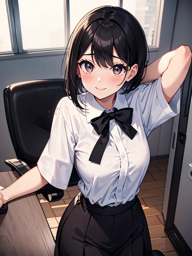 28-year-old office lady, black-haired, short-haired, ponytailed woman, bangs swept to the side, smiling, blushing, energetic, big eyes, light in the eyes, beautiful, slender, tall, white collared shirt, short sleeves, black tight long skirt, black ribbon, office, desk, chair, standing pose, cute