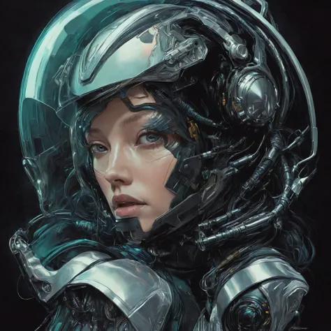 a close up of a woman wearing a helmet and a helmet, portrait of a sci - fi woman, martin ansin artwork portrait, detailed sci-f...