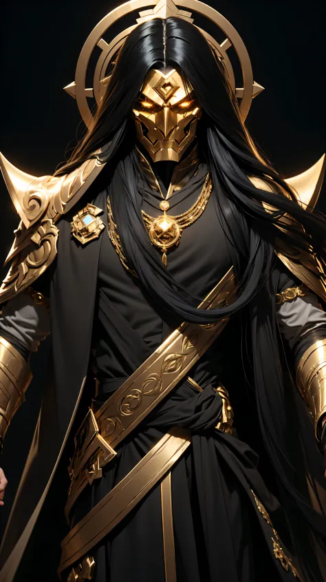 a man with long black hair wearing a golden mask wearing a white scientist's coat with gold details from the mysterious 8k super...