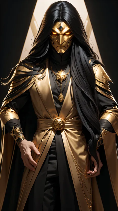 a man with long black hair wearing a golden mask wearing a white scientist's coat with gold details from the mysterious 8k super...