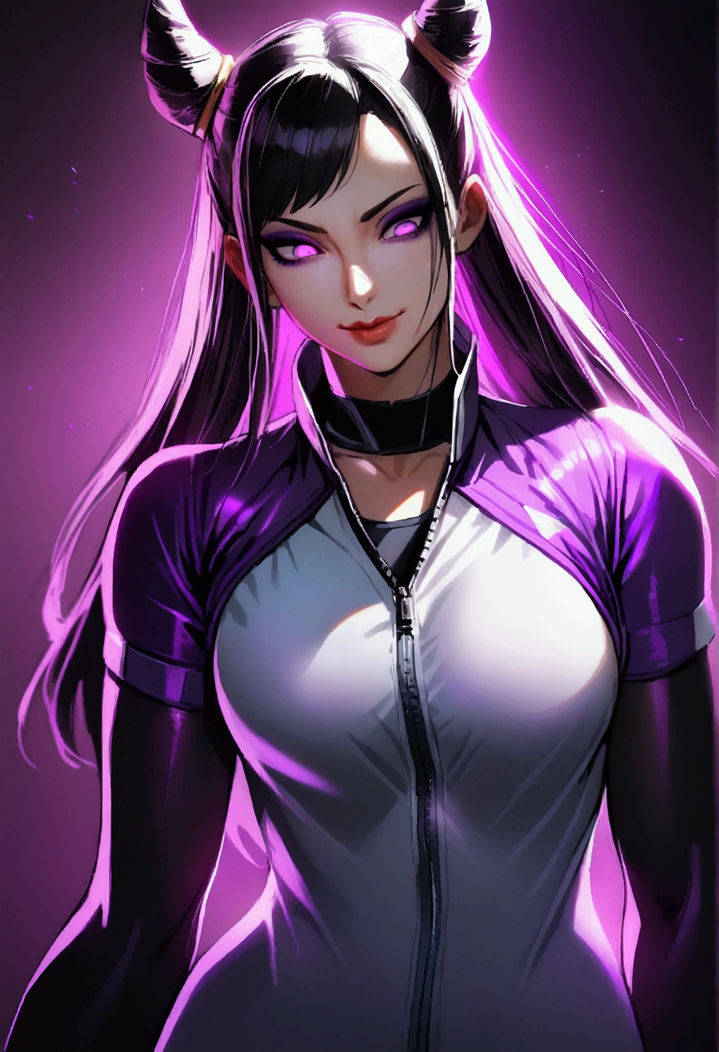 Juri Han,dark eyeshadow,glare eyes,beautiful young fitness woman with , in a gym wearing May with black pantyhose, white and purple fitted gym jacket. standing alone,hair horns,bright purple eyes,Evil smile,legging preto ,lips,dark eyeshadow,glare eyes,head looking down,upward eyes
