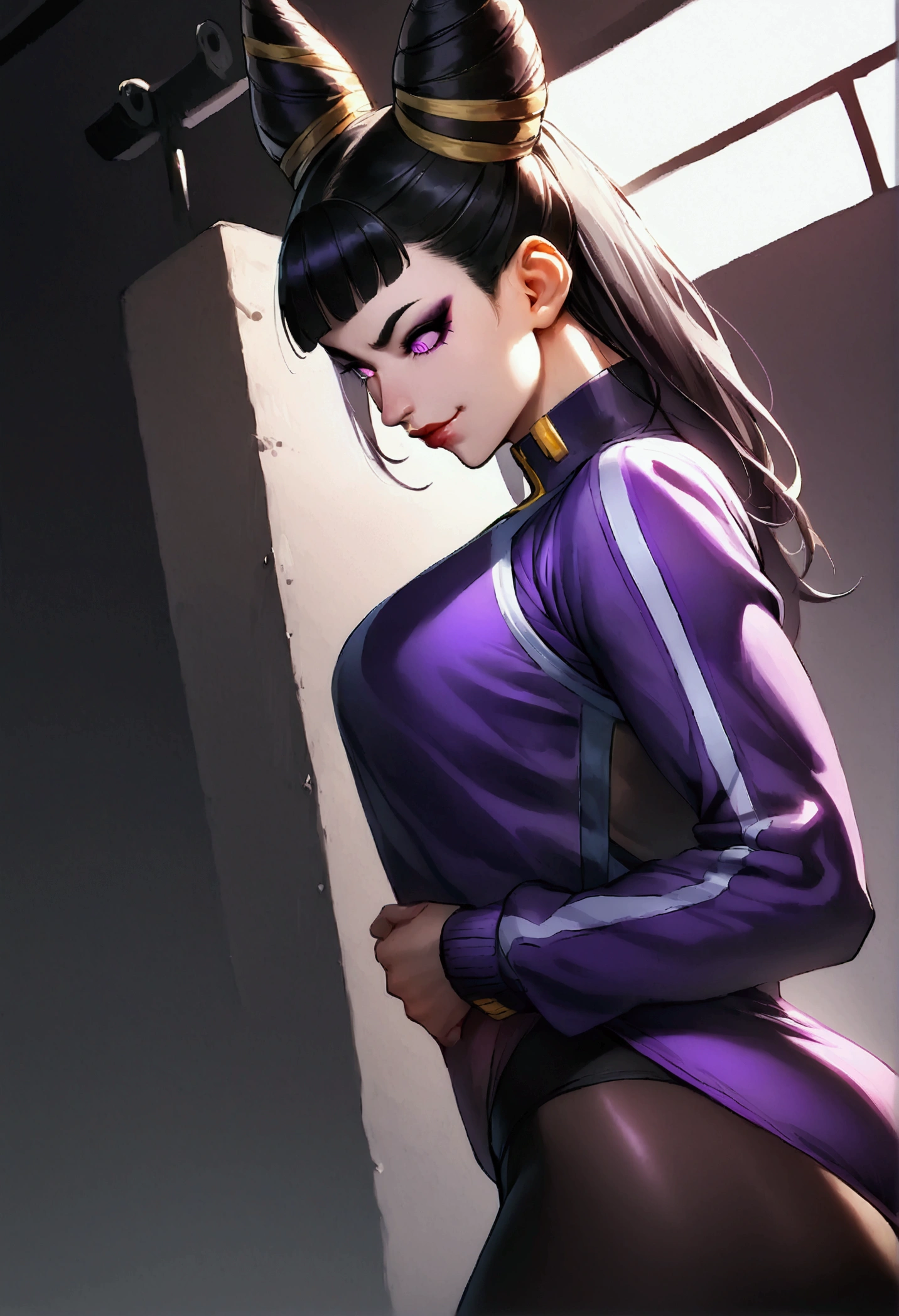 Juri Han,dark eyeshadow,glare eyes,beautiful young fitness woman with , in a gym wearing May with black pantyhose, white and purple fitted gym jacket. standing alone,hair horns,bright purple eyes,Evil smile,legging preto ,lips,dark eyeshadow,glare eyes,head looking down,upward eyes
