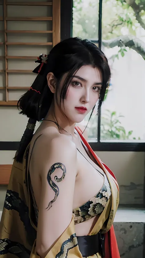 (masterpiece), best quality, expressive eyes, perfect face, hd, benissato, meinoichi, snake tattoo, she is a tall and mature wom...