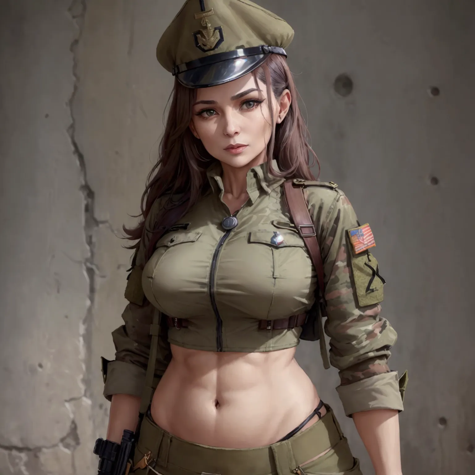 women in crop top soldier uniform, soldier hat, military brooch on the chest,  exposed abdomen area, very low waist cargo pants,...