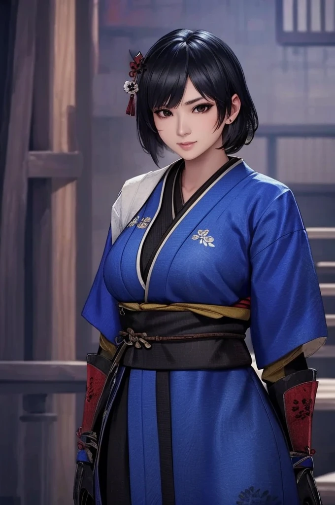 Okatsu - Nioh, sexy ninja girl, short black hair, blue clothes