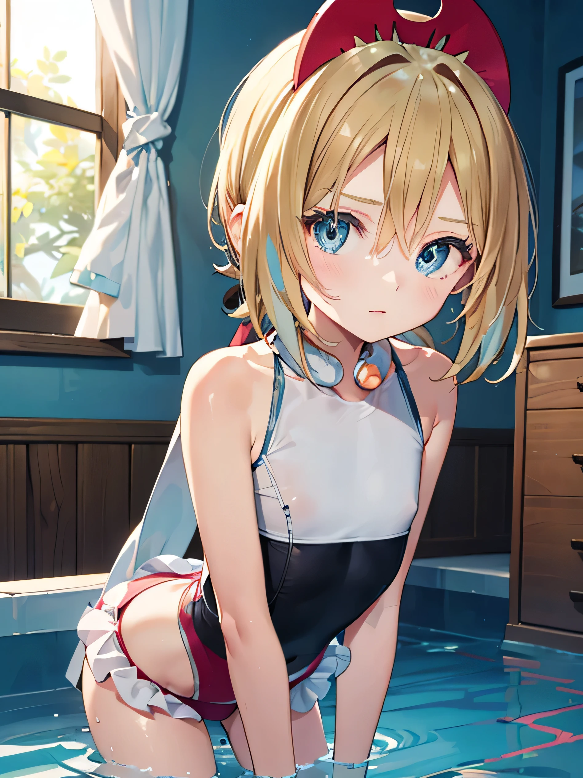 Pokemon irida, blonde short hair, red hair band, silica - sword art,masterpiece、ultra precision、perfect hands가락 (Accuracy 1.2), and soul、alone、red and white costume、full coverage swimsuit, old school swimsuit, swimsuit shining (very good detail), water droplets, silica、Absolute reference to center、Put your arms behind your back.、Observe your audience、view from the front、high resolution, (illustration:0.8), (beautiful and delicate eyes:1.6), very detailed face, perfect lighting, Highly detailed CG, (perfect hands, complete anatomy), erotic, In the room