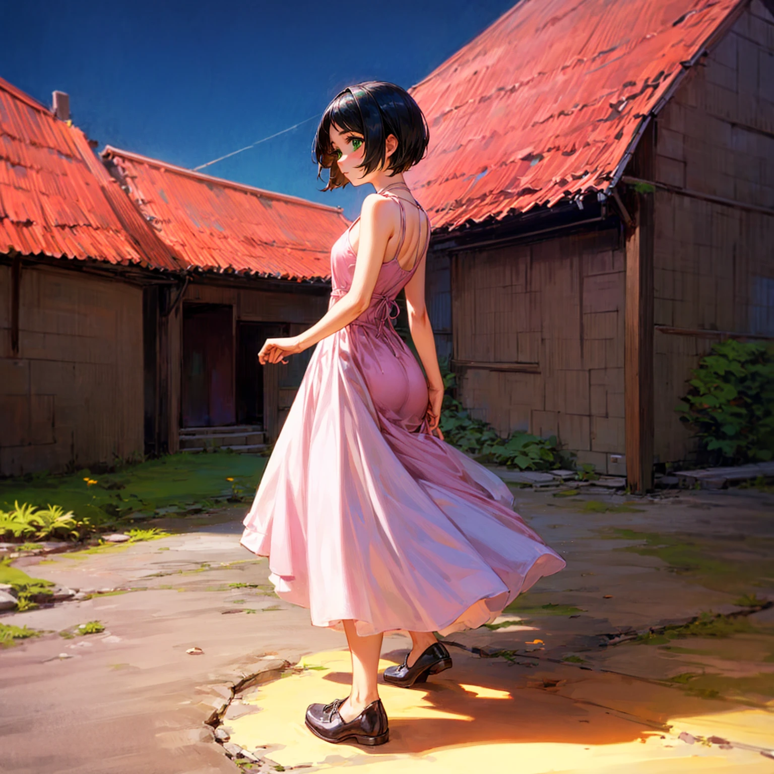 solo, kid girl, green eyes, short haircut, black hair, bare shoulder dress, pink dress, shoes, outdoor, medieval town, sky blue, full body version, full shot camera, detail background, detailed hair, detailed clothing, (Bleach style art)