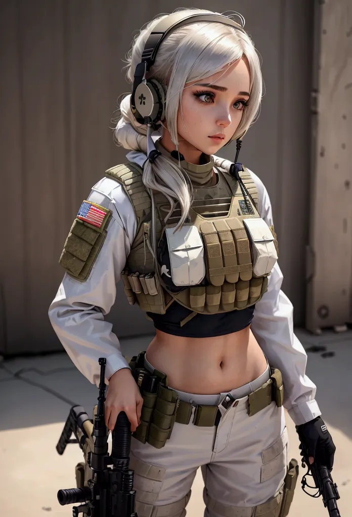 ((a woman in a white outfit holding a rifle and wearing headphones)), 24-year-old woman,  soldier girl, mechanized soldier girl,...