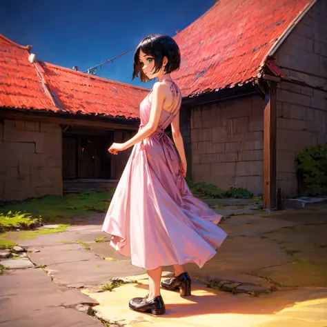 solo, kid girl, green eyes, short haircut, black hair, bare shoulder dress, pink dress, shoes, outdoor, medieval town, sky blue,...