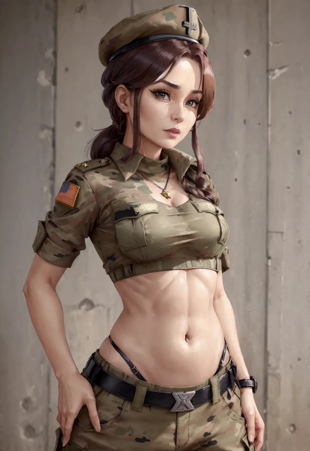 women in crop top soldier uniform, soldier hat, military brooch on the chest,  exposed abdomen area, very low waist cargo pants,...