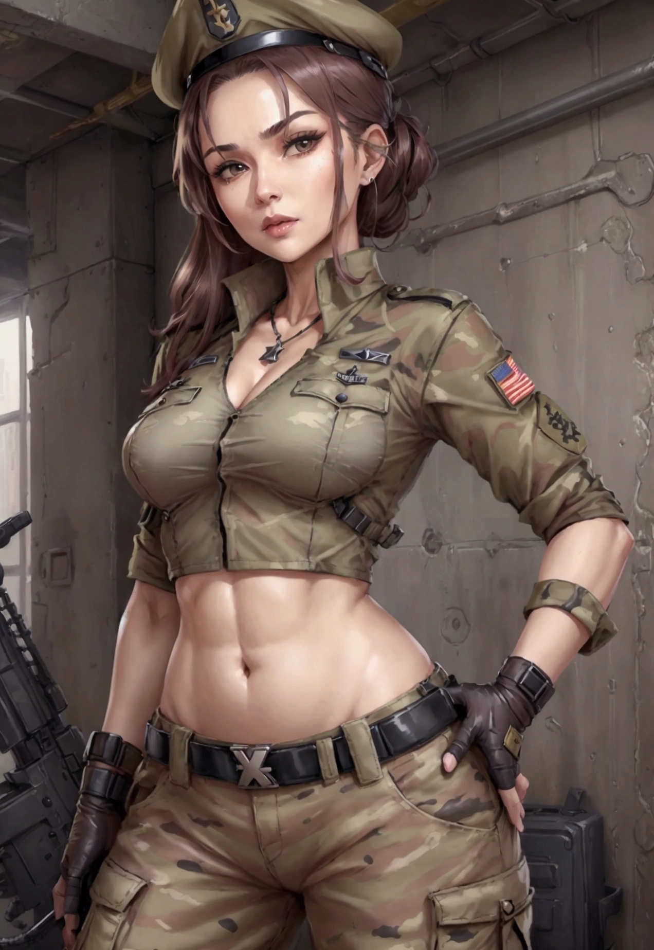 Women in crop top soldier uniform, soldier hat, military brooch on the chest,  exposed abdomen area, very low waist cargo pants, navel piercing , 45 years-old, high ranking , standing, little fat 