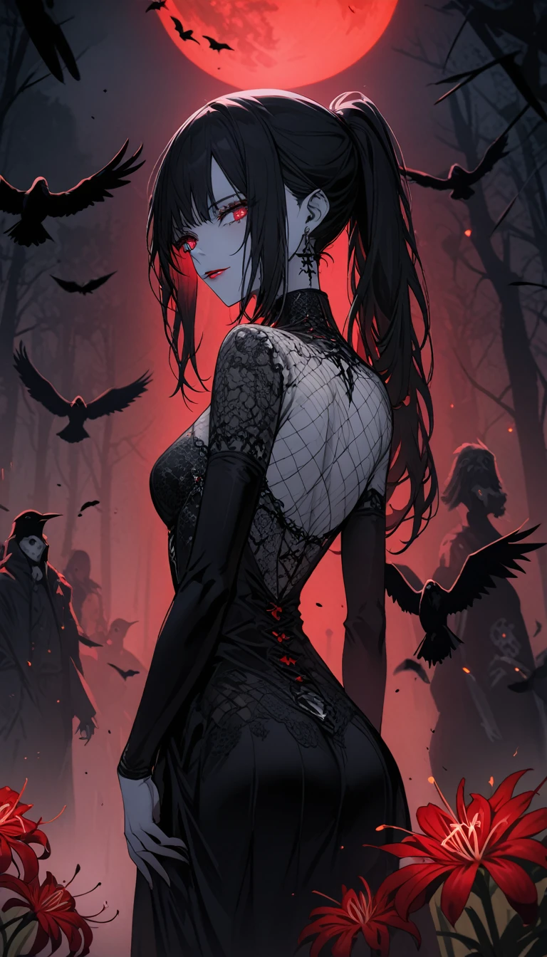 （Dark and scary atmosphere,Gothic Fashion,Dark colors）,（Highest quality，Super exquisite item）,Very sexy vampire girl,Sisters separated by years,A large number of red spider lilies in full bloom on a red full moon night,Beautiful and delicate eyes,Beautiful black straight ponytail,Crow's feathers,Red lipstick,A mysterious and seductive smile,Pale skin,Fishnet tights,black and white lace dress,The moonlight illuminates her silhouette,shadows and highlights,Create a calm and lively atmosphere,Lighting effects to make her look beautiful,A fantastic background created by darkness and moonlight,She is a tall girl who looks like an adult.,A crow is flying,Crow's feathersが舞う,Are standing,Deep foggy forest behind,（Courtesy）,((The shadows of several hanged bodies in the forest behind)),A flock of crows swarming around a corpse,Turn around,Showing her bare ass,turn around