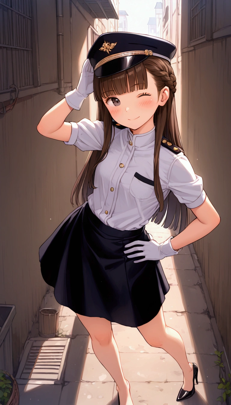 {Highest quality}, {Super beautiful},{Ultra fine},{Best illustration},Brown Hair,Hime cut,long hair,Braid,One woman,Standing Woman,Strike a pose,smile,smilingly,Smile,Wink,Uniform cap,White Shirt,Short sleeve,Long black skirt,White gloves,In the back alley,Blushing,Slender,Black stiletto heels,barefoot,from the front,Put one hand on your hip,One leg up