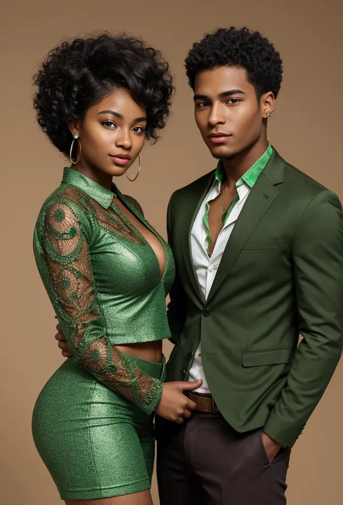 inspired by mbti proponent、create an image of a young african american man and a beautiful latina woman, chocolate skin, dressed...