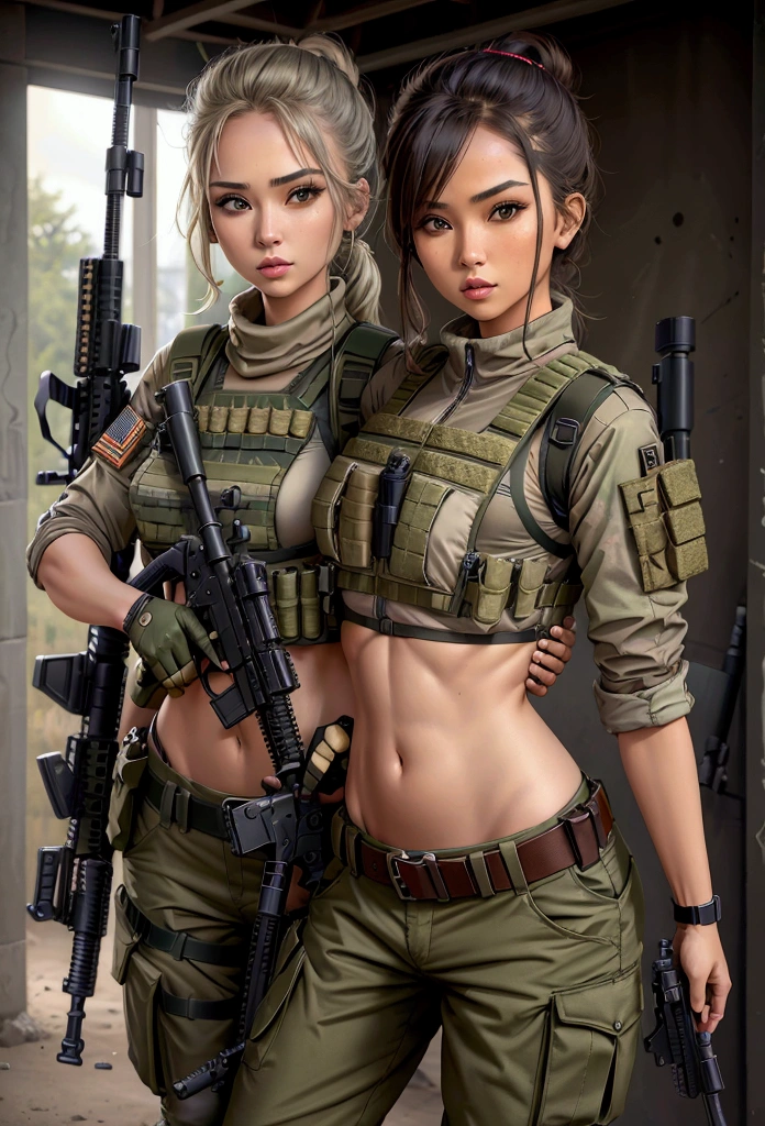 Women in crop top military bulletproof vest , military green cargo pants, belt, military helmet, tactical, (open navel), ((holding assault rifle))