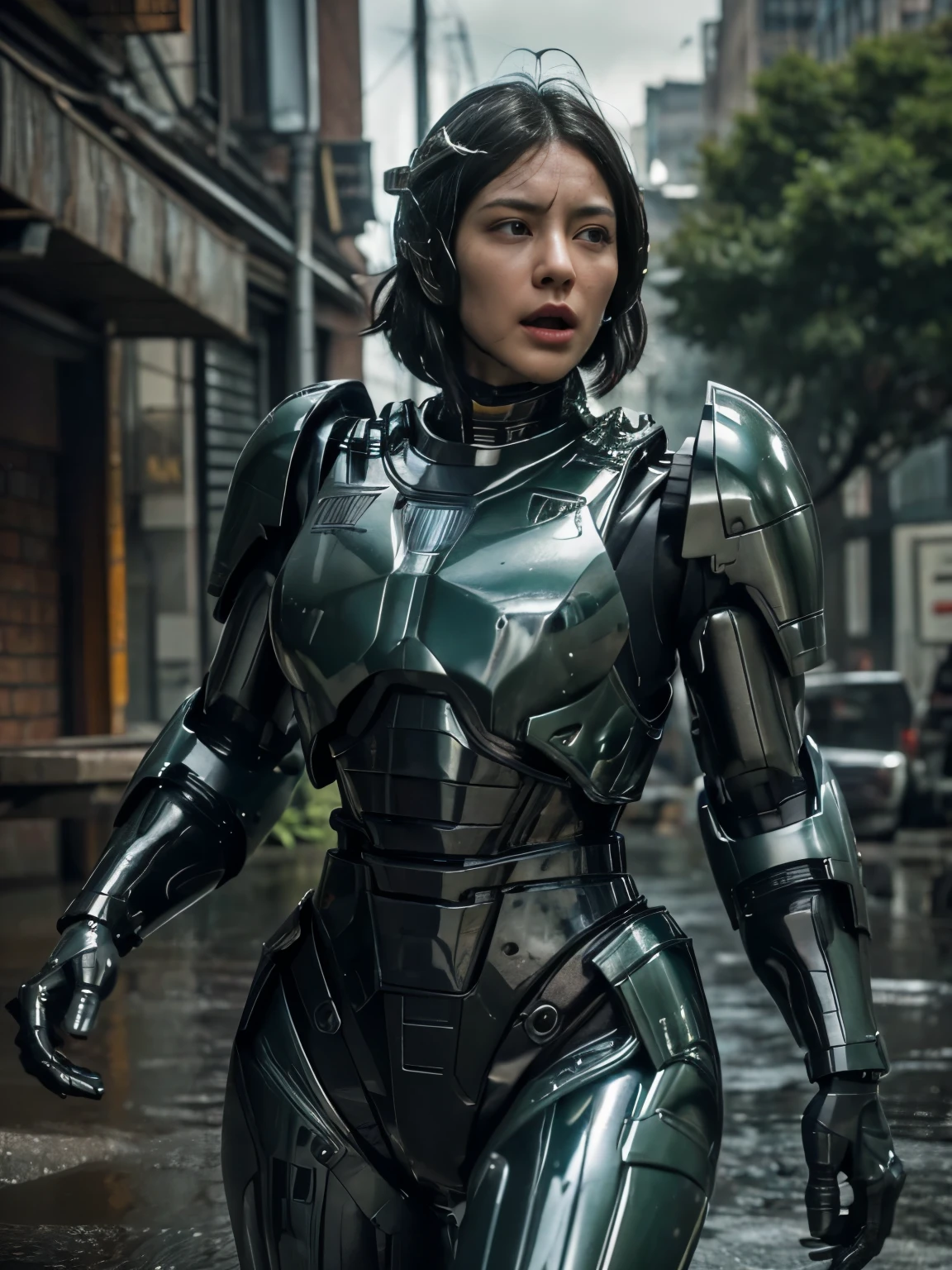 textured skin, Very detailed, Attention to details, high quality, 最high quality, High resolution, 1080P, HDD, beautiful,(War machine),beautifulサイボーグ女性,Chica cyborg mecha,Battle mode,Girl with mechanical body.　black fur　Youth Short Hair　dark green armor　Sweaty and wet face　(Being hit against a wall)(The helmet breaks and flies away)　(flying debris)Steam coming out of head　Steam comes out of the whole body.　painful expression　please open your mouth wide　Tight harness　black undersuit　full body portrait　Gas mask with long mouthpiece.（Forehead）