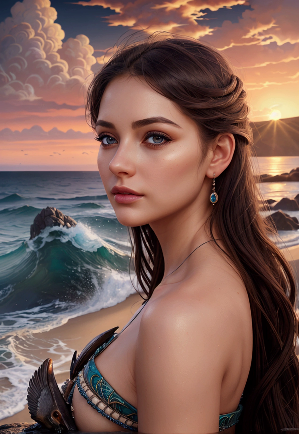 a girl in a beautiful seaside landscape, elegant and amazing, detailed face and eyes, long eyelashes, realistic, photorealistic, masterpiece, 8k, ultra-detailed, professional, vivid colors, cinematic lighting, dramatic sky, crashing waves, seabirds flying, colorful sunset, intricate details, fantasy art style